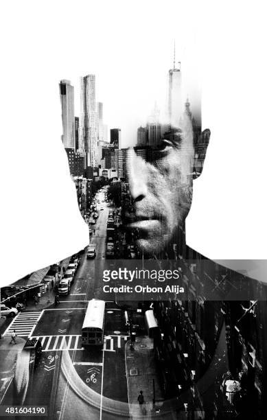 double exposure of man and new york - skyline zwart wit stockfoto's en -beelden