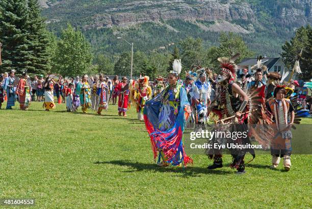 Canada, Alberta, Waterton Lakes National Park, Grand Entry of dancers in full regalia at the Blackfoot Arts and Heritage Festival Pow Wow organized...