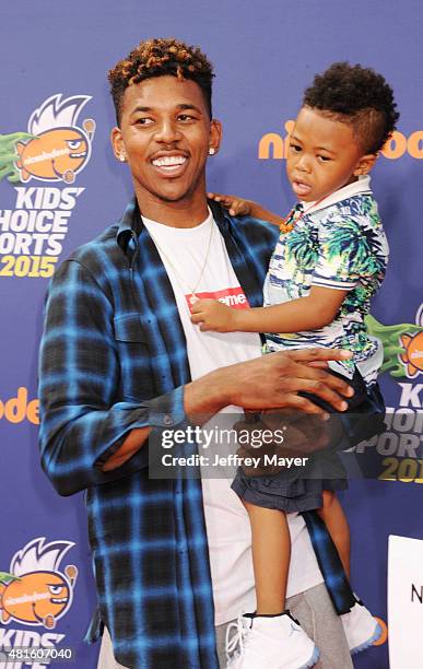 Player Nick Young and son Nick Young, Jr. Arrive at the Nickelodeon Kids' Choice Sports Awards 2015 at UCLA's Pauley Pavilion on July 16, 2015 in...