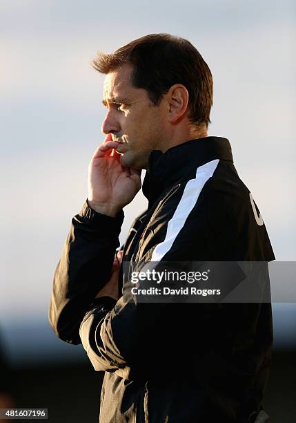 Jackie McNamara, the Dundee United manager looks on during the pre season friendly match between Queens Park Rangers and Dundee United at The Hive on...