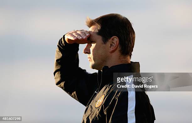 Jackie McNamara, the Dundee United manager looks on during the pre season friendly match between Queens Park Rangers and Dundee United at The Hive on...