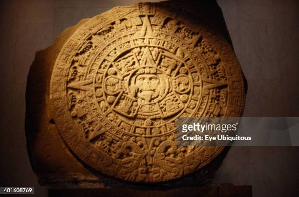 Mexico, Mexico City, Twenty two ton Aztec calendar stone in the National Anthropological Museum.