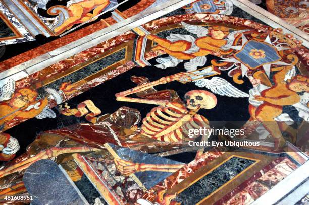 Malta, Valletta, St Johns Cathedral. Detail of intricate marble inlaid tombstone forming part of a magnificently crafted pavimento.