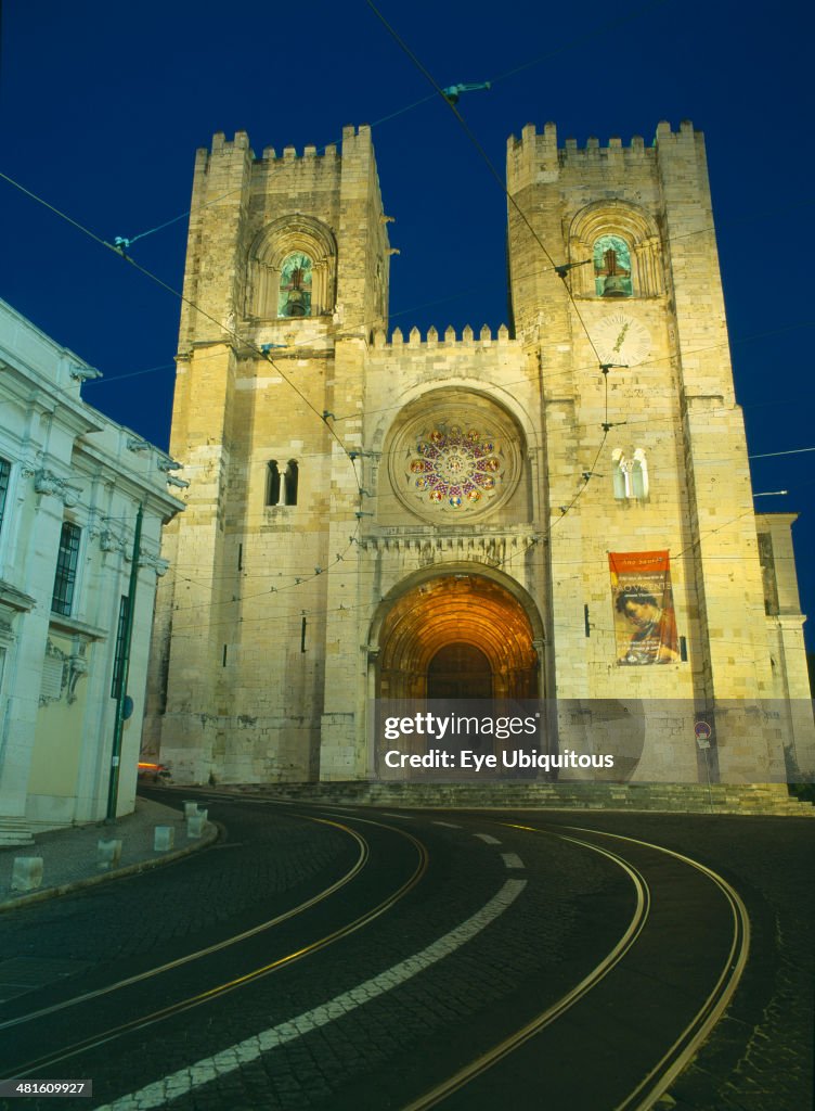 Portugal, Lisbon, Alfama, Se Cathedral exterior facade at night