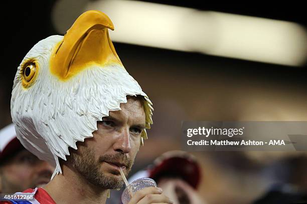Fan of the United States reacts during the 2015 CONCACAF Gold Cup Semifinal between USA and Jamaica at Georgia Dome on July 22, 2015 in Atlanta,...