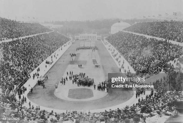 View of the Panathenaic Stadium in Athens during the opening ceremony of the 1906 Intercalated Games or 1906 Olympic Games.