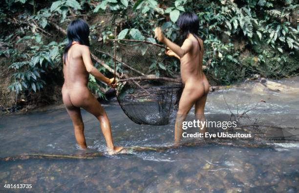 Ecuador, Amazon, Auca, Two Auca Indian girls fishing with net.