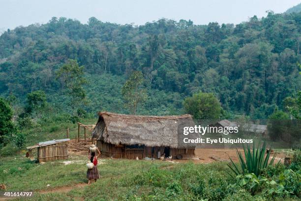 Guatemala, Alta Verapaz, Semuy, Qeqchi Indian refugee village. Woman walking along path carrying a pot on her head towards a thatched roof home with...