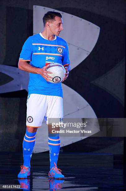 Christian Gimenez of Cruz Azul looks on during the presentation of the new kit at Club Deportivo La Noria on July 22, 2015 in Mexico City, Mexico.