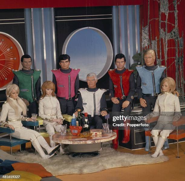 Scene from British science fiction puppet television series 'Captain Scarlet and the Mysterons' featuring from left to right: Destiny Angel,...