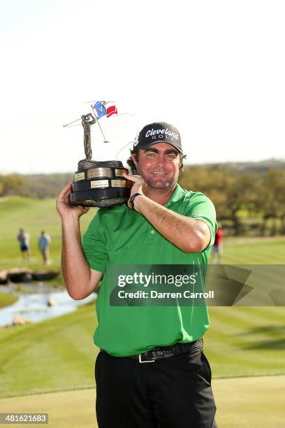 Champion Steven Bowditch with the trophy during the Final Round of the Valero Texas Open at TPC San Antonio AT&T Oaks Course on March 30, 2014 in San...