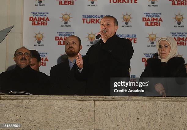 Turkey's Prime Minister Recep Tayyip Erdogan addresses to the crowd from the balcony of Justice and Development Party headquarters in Ankara, Turkey...