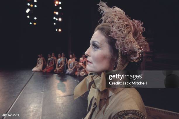 Constance Towers performing on stage with the Broadway cast of 'The King and I' in 1977.