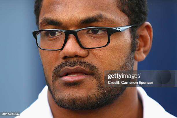 Wallabies player Henry Speight speaks to media during an ARU media opportunity at Allianz Stadium on July 23, 2015 in Sydney, Australia. Speight has...