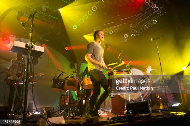 Rock group Imagine Dragons perform onstage at the House of Blues, Chicago, Illinois, March 5, 2013. Pictured are, from left, Ryan Walker, Dan...