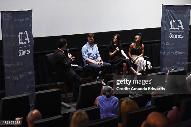Times writer Mark Olsen and actors Anders Holm, Cobie Smulders and Gail Bean attend the Los Angeles Times Indie Focus screening and cast Q&A of...