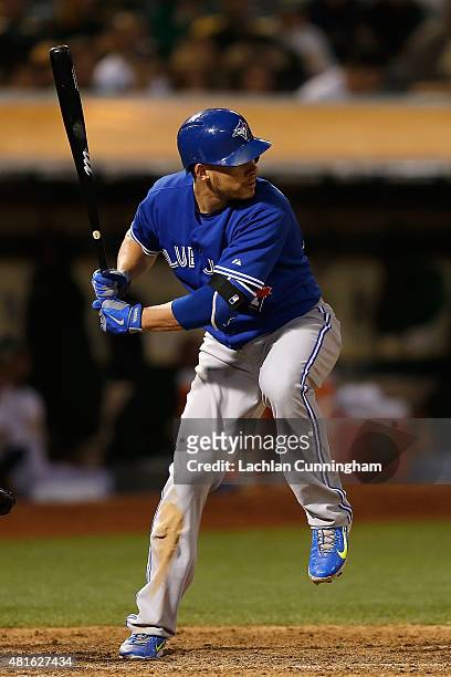 Danny Valencia of the Toronto Blue Jays at bat in the ninth inning against the Oakland Athletics at O.co Coliseum on July 22, 2015 in Oakland,...
