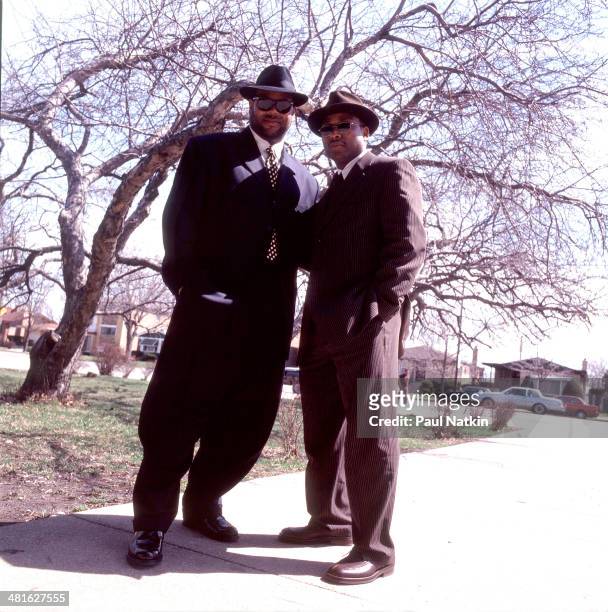 Portrait of music producers Jimmy Jam and Terry Lewis as they pose outdoors, Chicago, Illinois, October 2, 1996.