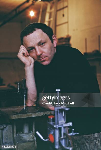British pop artist and sculptor Gerald Laing photographed in his New York City studio in 1968.