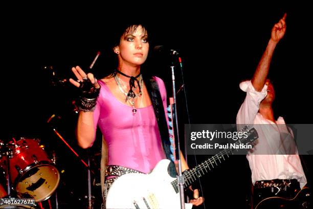 Musician Joan Jett performs onstage at the Poplar Creek Music Theater, Elgin, Illinois, June 15, 1987.