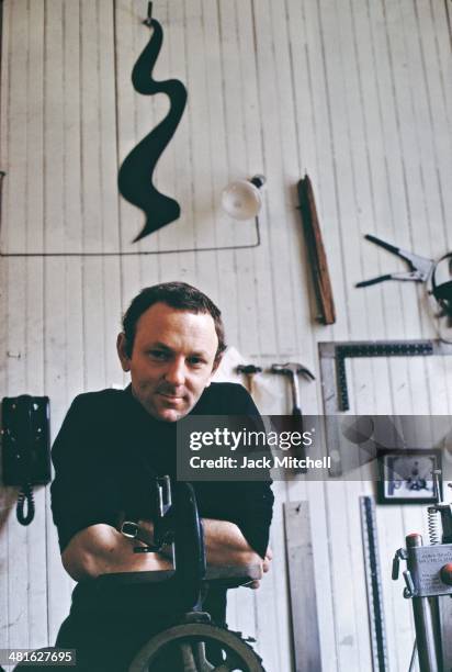 British pop artist and sculptor Gerald Laing photographed in his New York City studio in 1968.