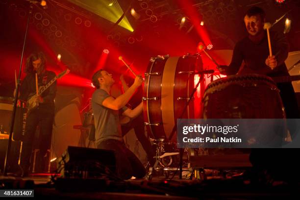 Rock group Imagine Dragons perform onstage at the House of Blues, Chicago, Illinois, March 5, 2013. Pictured are, from left, Wayne Sermon, Dan...