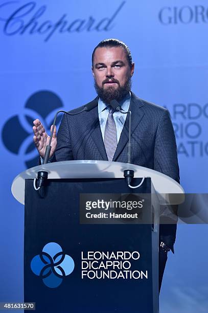 Leonardo DiCaprio speaks onstage during The Leonardo DiCaprio Foundation 2nd Annual Saint-Tropez Gala at Domaine Bertaud Belieu on July 22, 2015 in...