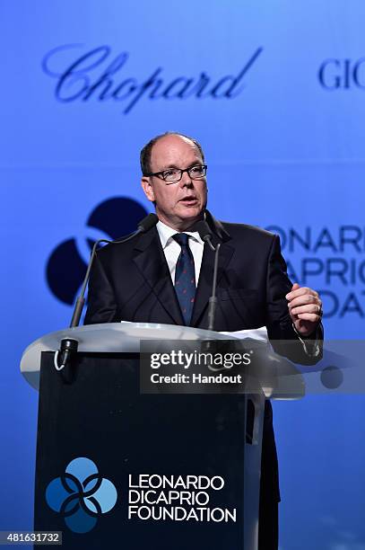 Prince Albert II of Monaco speaks onstage a Dinner and Auction during The Leonardo DiCaprio Foundation 2nd Annual Saint-Tropez Gala at Domaine...