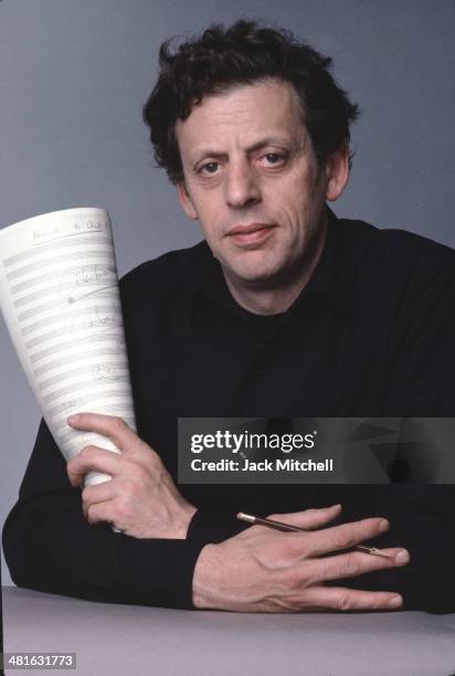 American composer Philip Glass photographed in New York City in 1984.