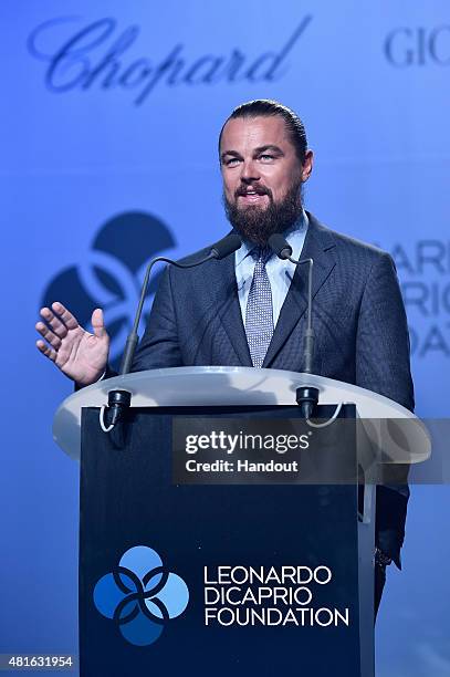 Leonardo DiCaprio speaks onstage during The Leonardo DiCaprio Foundation 2nd Annual Saint-Tropez Gala at Domaine Bertaud Belieu on July 22, 2015 in...