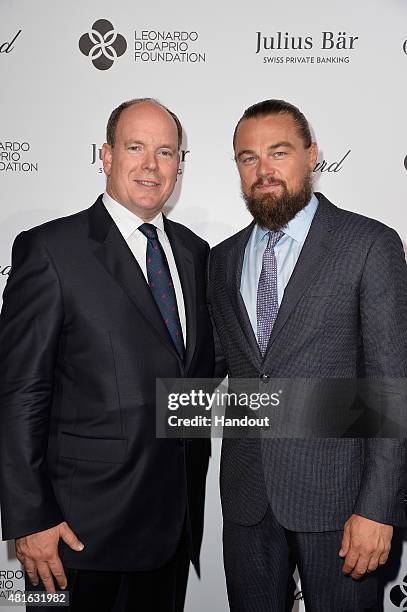 Prince Albert II of Monaco and Leonardo DiCaprio attend a cocktail reception during The Leonardo DiCaprio Foundation 2nd Annual Saint-Tropez Gala at...