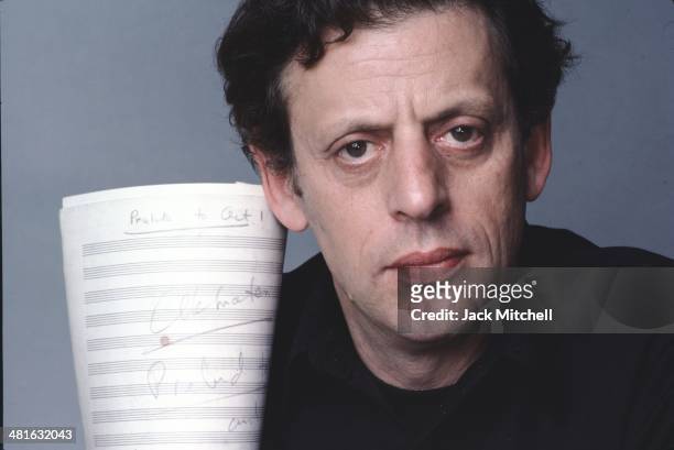 American composer Philip Glass photographed in New York City in 1984.