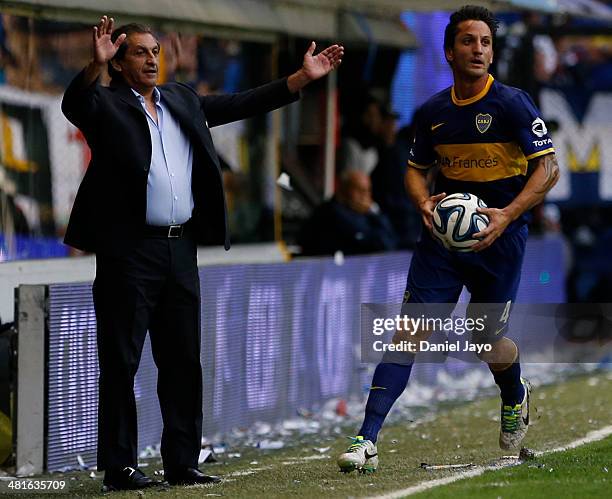 Ramon Diaz, coach of River Plate, and Hernan Grana, of Boca Juniors, during a match between Boca Juniors and River Plate as part of 10th round of...