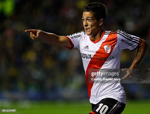 Manuel Lanzini of River Plate celebrates after scoring during a match between Boca Juniors and River Plate as part of 10th round of Torneo Final 2014...