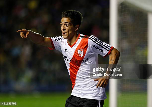 Manuel Lanzini of River Plate celebrates after scoring during a match between Boca Juniors and River Plate as part of 10th round of Torneo Final 2014...