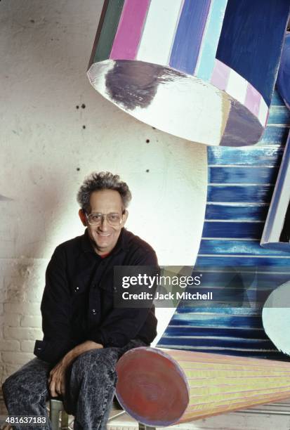 Painter and printmaker Frank Stella with his work in his New York studio in 1987.