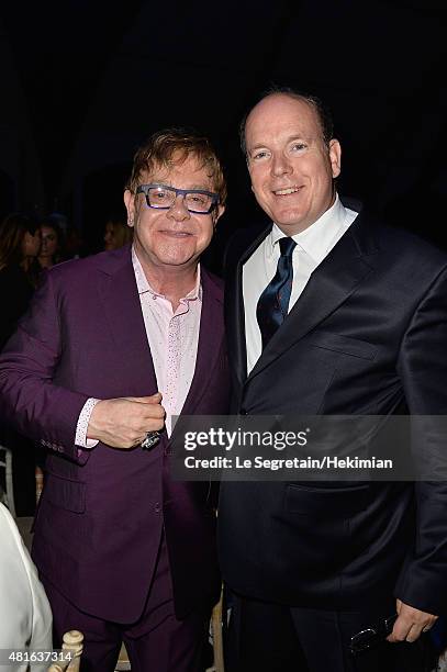 Elton John and Prince Albert II of Monaco attend the Dinner Auction during The Leonardo DiCaprio Foundation 2nd Annual Saint-Tropez Gala at Domaine...