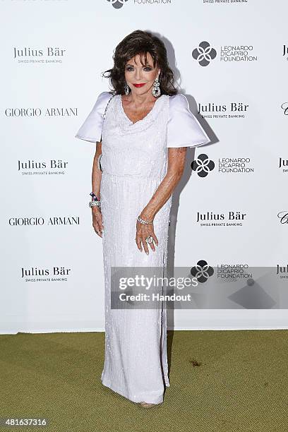 Joan Collins attends a cocktail reception during The Leonardo DiCaprio Foundation 2nd Annual Saint-Tropez Gala at Domaine Bertaud Belieu on July 22,...