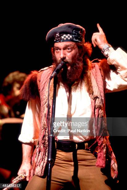 Musician Ian Anderson, of the group Jethro Tull, performs onstage, Chicago, Illinois, September 12, 1982.