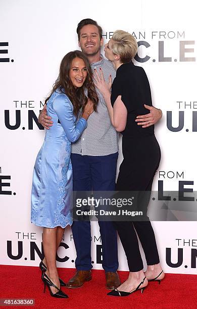 Elizabeth Debicki, Armie Hammer and Alicia Vikander attend 'The Man from U.N.C.L.E.' photocall at Claridge's Hotel on July 23, 2015 in London,...