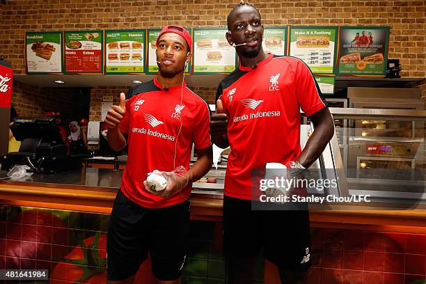Mamadou Sakho and Jordan Ibe of Liverpool FC gives a thumbs up during meet and greet the fans at the Subway Cafe in Paradigm Mall on July 23, 2015 in...