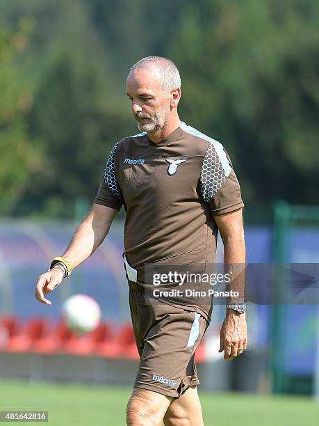 Head coach of SS Lazio Stefano Pioli looks on during the preseason friendly match between SS Lazio and Vicenza Calcio on July 18, 2015 in Auronzo...
