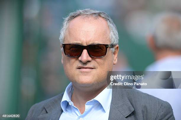 President of SS Lazio Claudio Lotito looks on during the preseason friendly match between SS Lazio and Vicenza Calcio on July 18, 2015 in Auronzo...