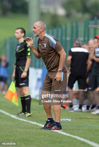 Head coach of SS Lazio Stefano Pioli issues instructions during the preseason friendly match between SS Lazio and Vicenza Calcio on July 18, 2015 in...