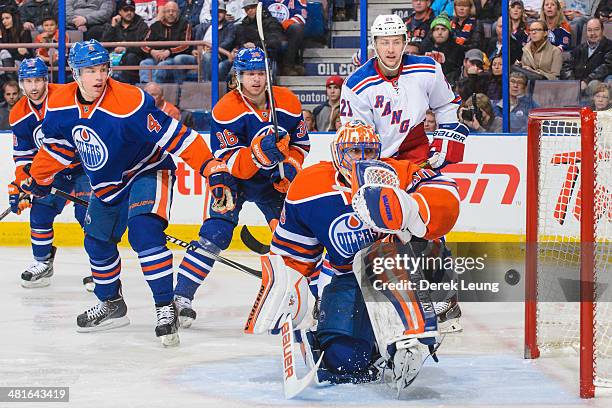 Ben Scrivens of the Edmonton Oilers watches the shot of Mats Zuccarello of the New York Rangers fly past him during an NHL game at Rexall Place on...