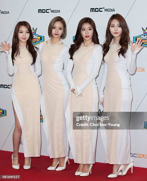 Girls Day pose for photographs during the MBC Music 'Show Champion' 100th anniversary event at Bitmaru on March 19, 2014 in Goyang, South Korea.