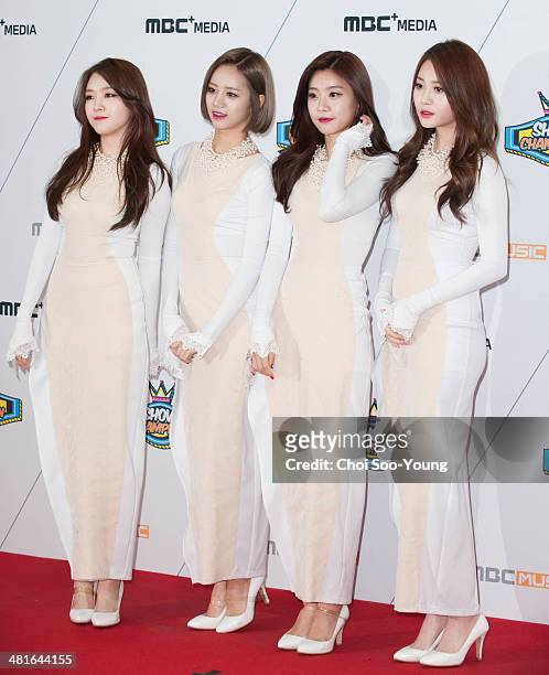 Girls Day pose for photographs during the MBC Music 'Show Champion' 100th anniversary event at Bitmaru on March 19, 2014 in Goyang, South Korea.