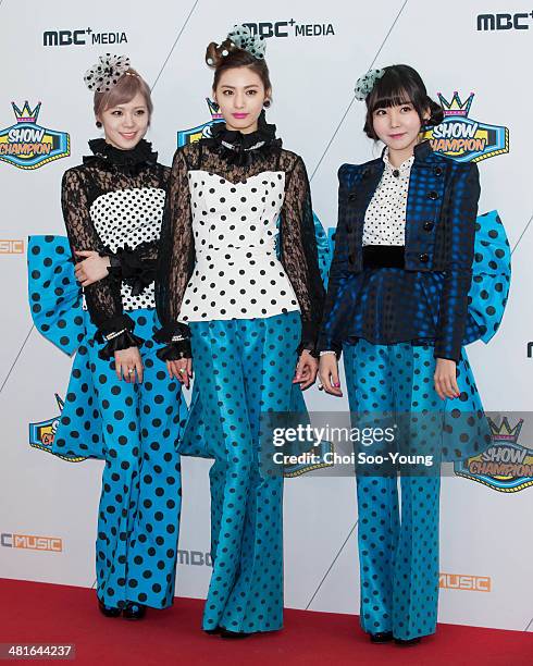 Orange Caramel pose for photographs during the MBC Music 'Show Champion' 100th anniversary event at Bitmaru on March 19, 2014 in Goyang, South Korea.