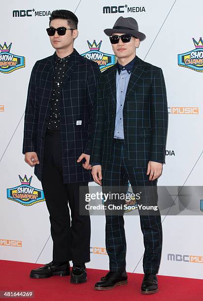 Dynamic Duo pose for photographs during the MBC Music 'Show Champion' 100th anniversary event at Bitmaru on March 19, 2014 in Goyang, South Korea.