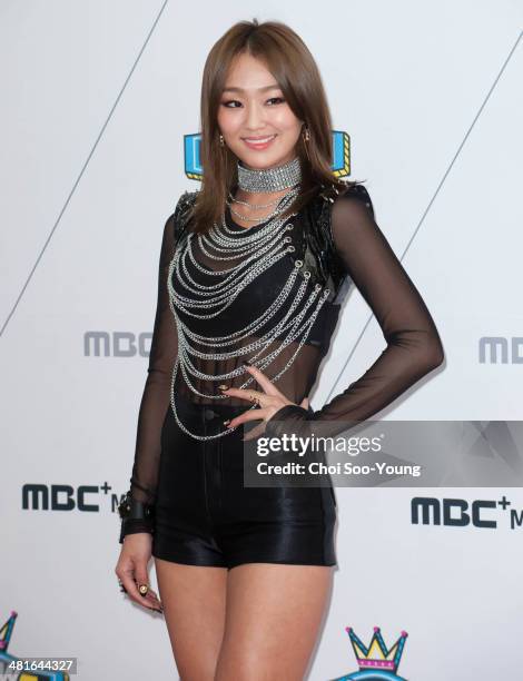 Hyo-Lyn of SISTAR poses for photographs during the MBC Music 'Show Champion' 100th anniversary event at Bitmaru on March 19, 2014 in Goyang, South...